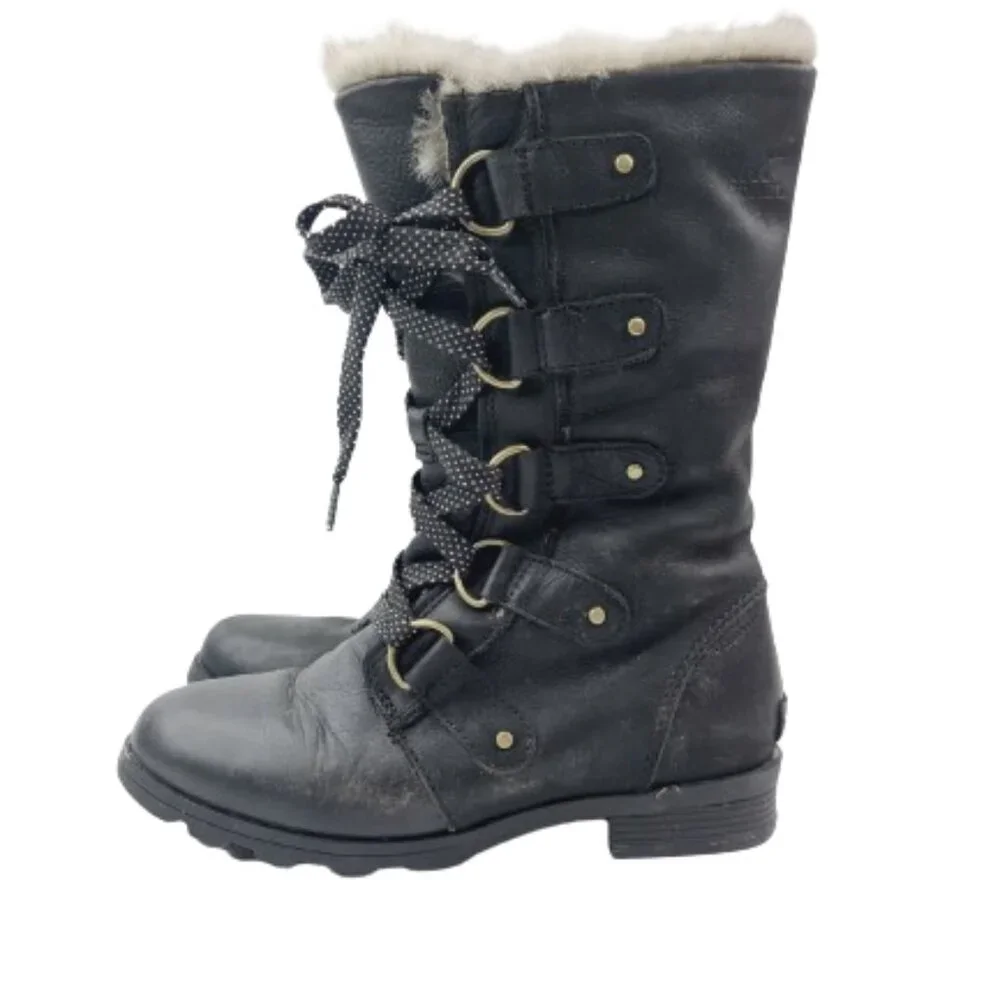 Sorel Women's Black Emelie NL2711-010 Leather Faux-Fur Lace-Up Winter Boots Sz 7